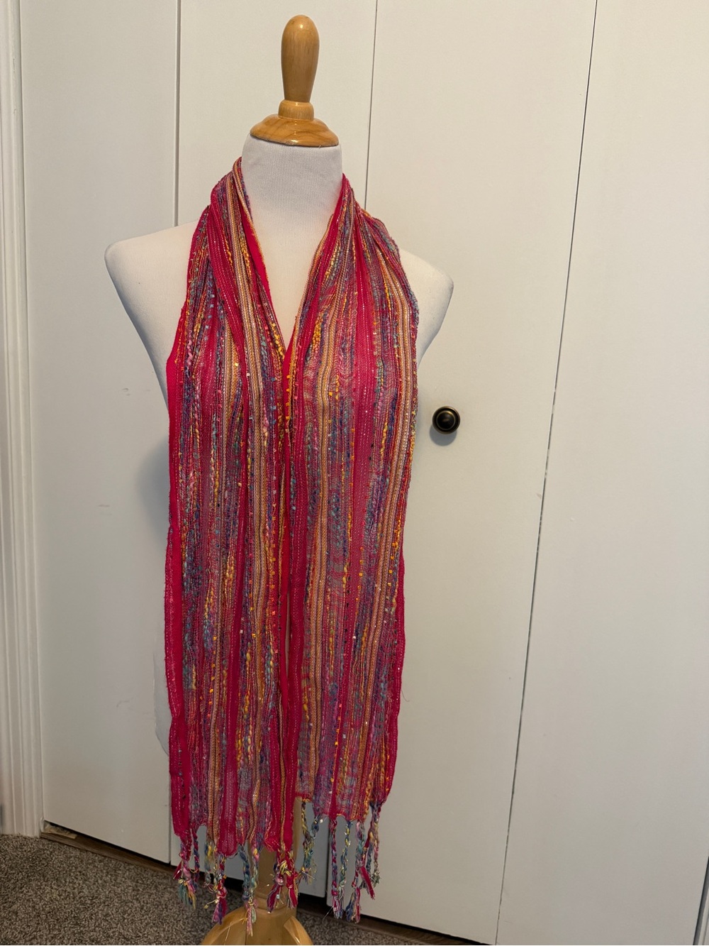 Pink Multicolor Fringe Scarf - Lightweight - Picture 8 of 10